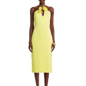 Elegant Yellow Satin Halter Midi Dress with flower detailing